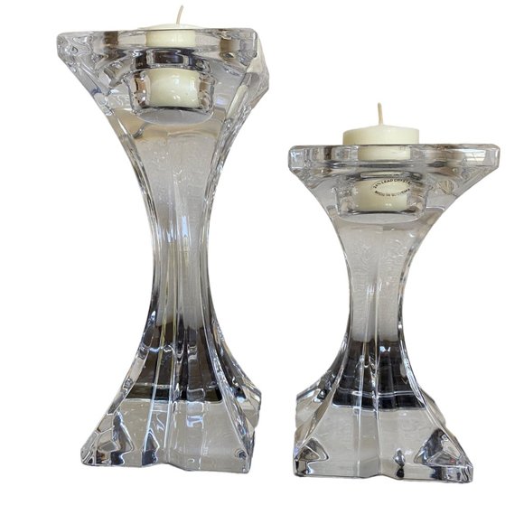 2 Pillar Clear Glass 24% Crystal Lead Candle Holders Slovenia 9" & 6" Tall - Picture 9 of 16